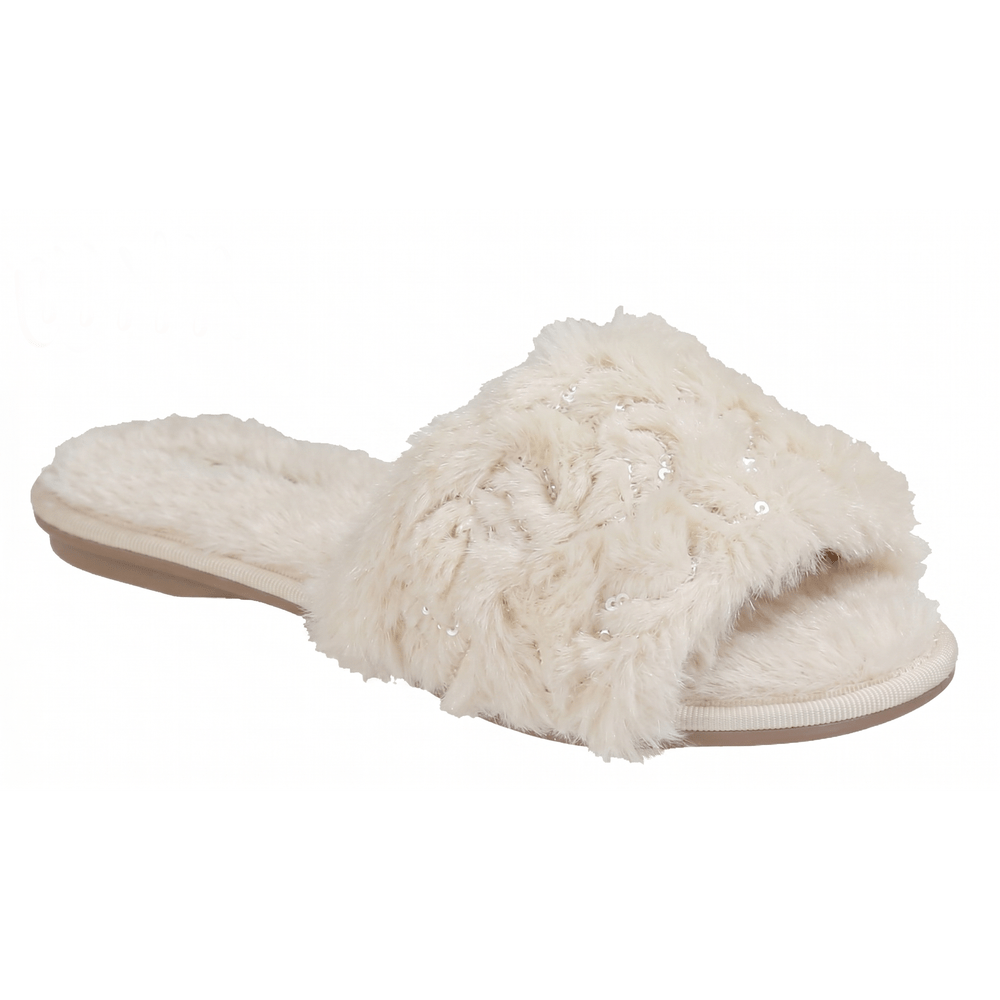 Valentina Belle Fluffy Slide Sequins Flat Slippers - Natural