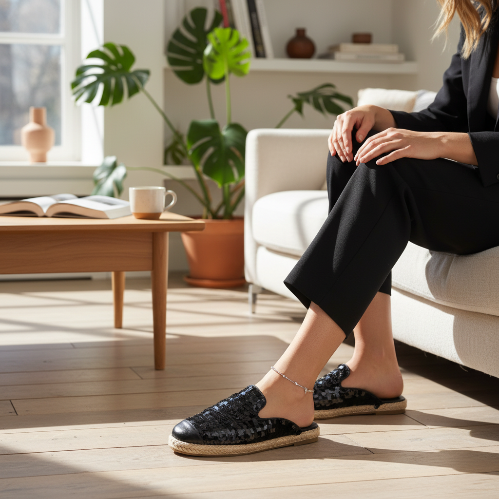 Love Rio Glitz Sequin Espadrille Mules - Black