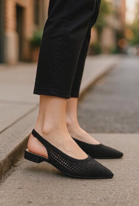 Bruno Menegatti Sandra Crochet Flat Slingbacks - Black