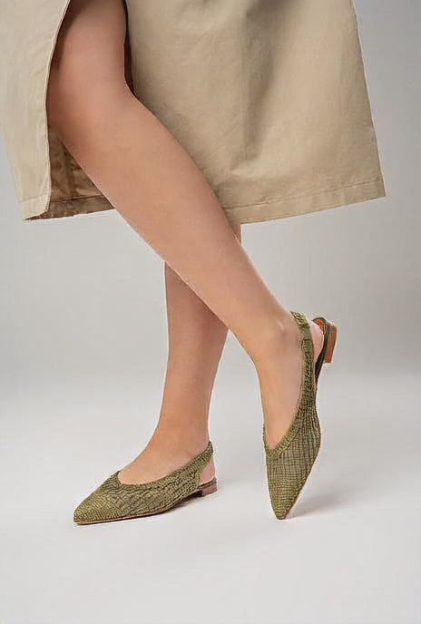Bruno Menegatti Sandra Crochet Flat Slingbacks - Olive